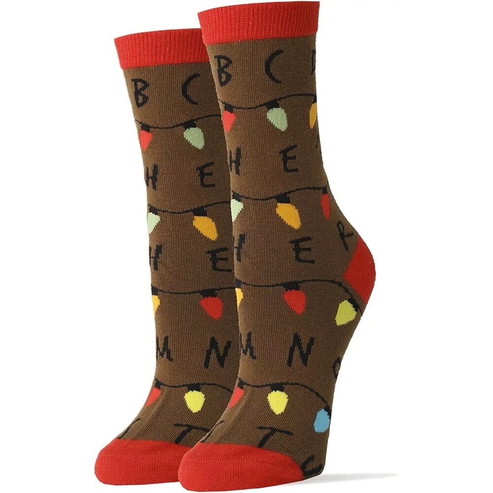 Women's Novelty Crew Socks, Soft Combed Cotton - One Size - Brown & Red w/Lights